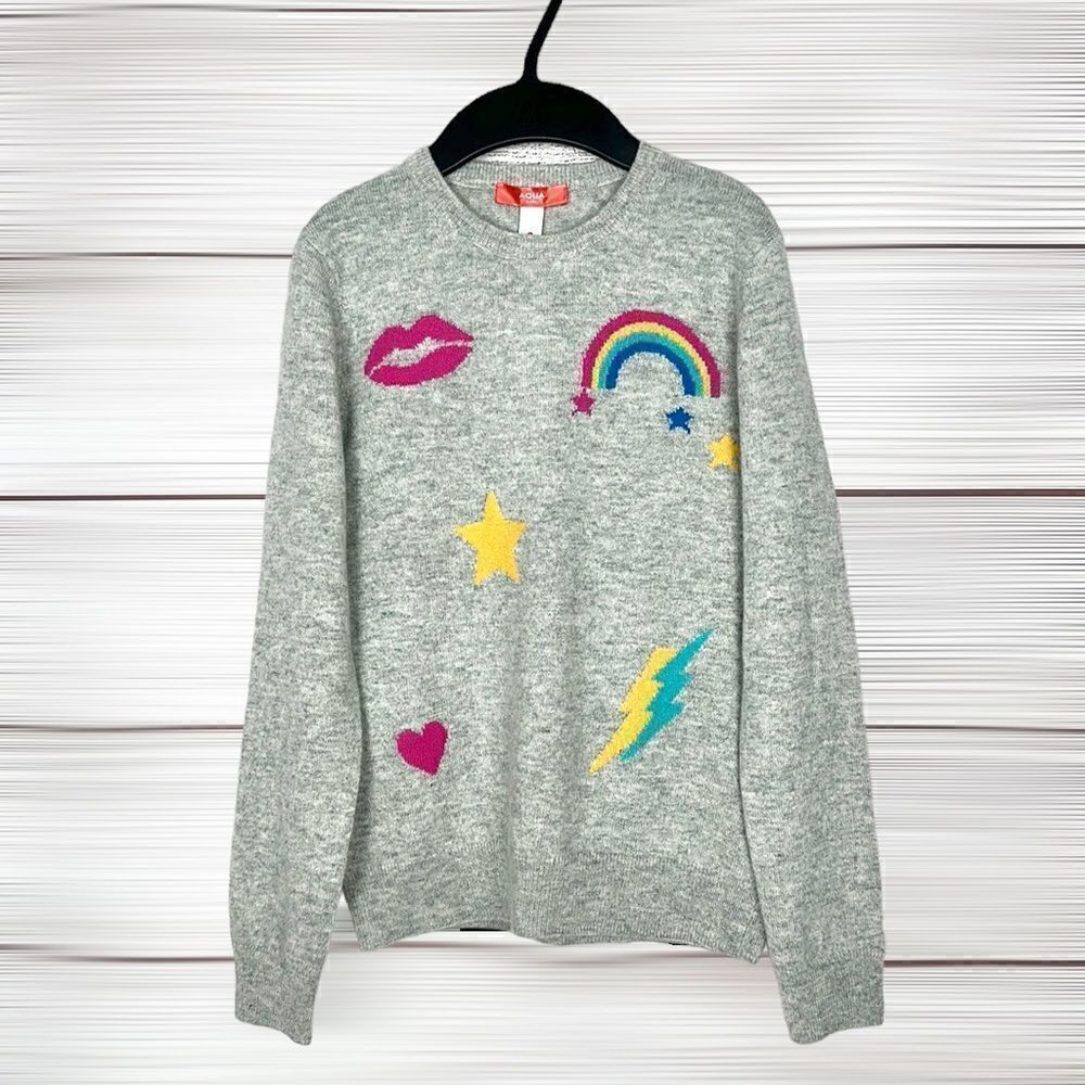 NWT New AQUA Girls Cashmere Crewneck Sweater Gray with Stars and Rainbow L